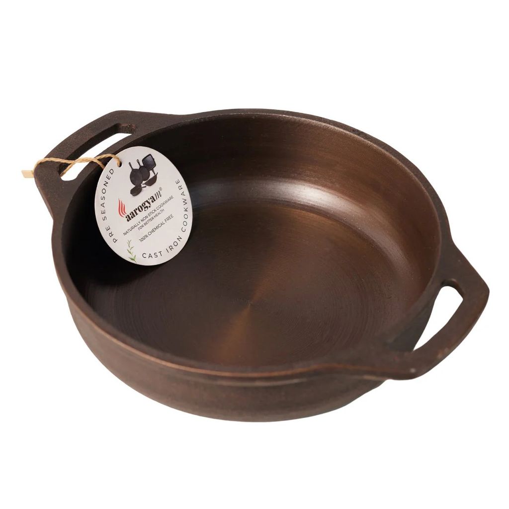 Aarogyam 10 Inch Induction Friendly Pre-seasoned Cast Iron Flat Kadai, Naturally Nonstick, Induction Friendly