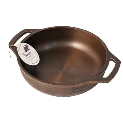 Aarogyam 11 Inch Induction Friendly Pre-seasoned Cast Iron Flat Kadai, Naturally Nonstick, Induction Friendly