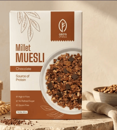 Geo's Dhanya Multi Millet Chocolate Muesli | No Refined Sugar | Sweetened with Jaggery | 8 Whole Grains, Nuts, Seeds & Real Dried Fruits | High Fibre Breakfast Cereal | 500g