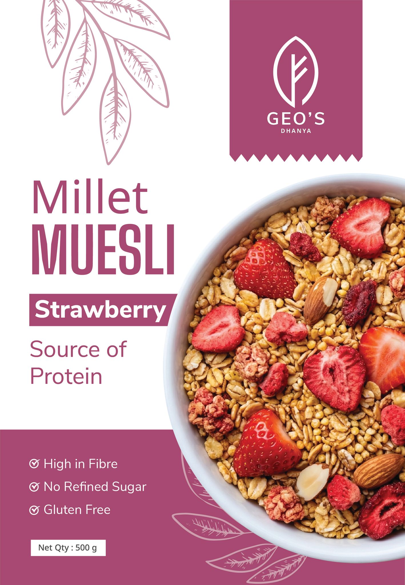 Geo's Dhanya Super Multi Millet Strawberry Muesli | No Refined Sugar | Naturally Sweetened with Jaggery & Honey | 8 Whole Grains + Almonds + Cranberries + Real Dried Fruits | High Fibre Breakfast Cereal | 500g