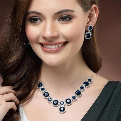 Karatcart Elegant Silver Plated Blue American Diamond Necklace Set for Women