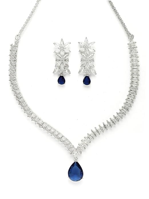 Elegant Silver Plated Blue American Diamond Necklace Set for Women