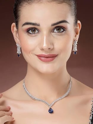 Elegant Silver Plated Blue American Diamond Necklace Set for Women