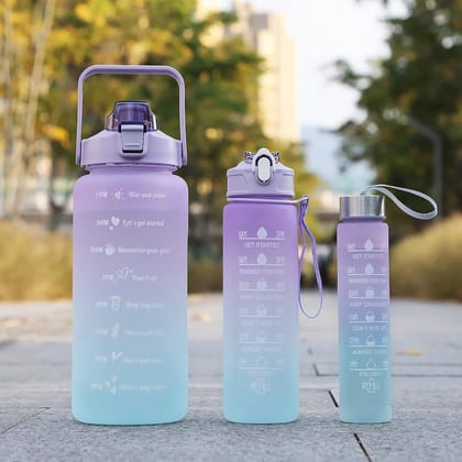 Primium Mate Motivation Bottles (3 Set) Plastic Motivational Water Bottle With Time & Capacity Marker Leak-proof Unbreakable Water Bottle For Gym Office Set Of 3 Daily Tracking Time Marks (Purple), 2 Liters