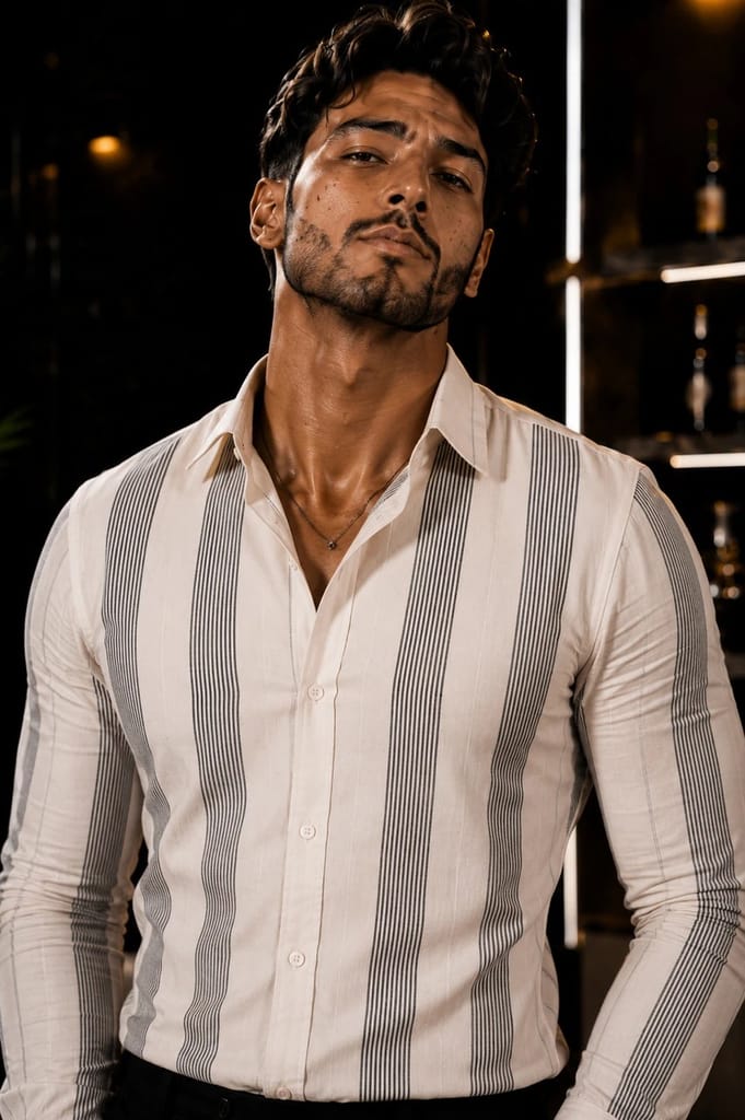 Enrich Fashion Factory Men's White Vertical Stripe Casual Shirt