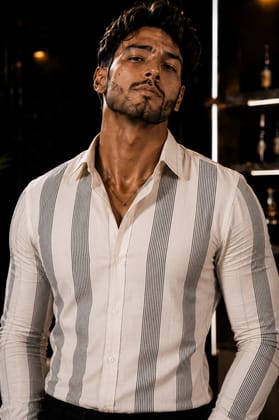 Enrich Fashion Factory Men's White Vertical Stripe Casual Shirt