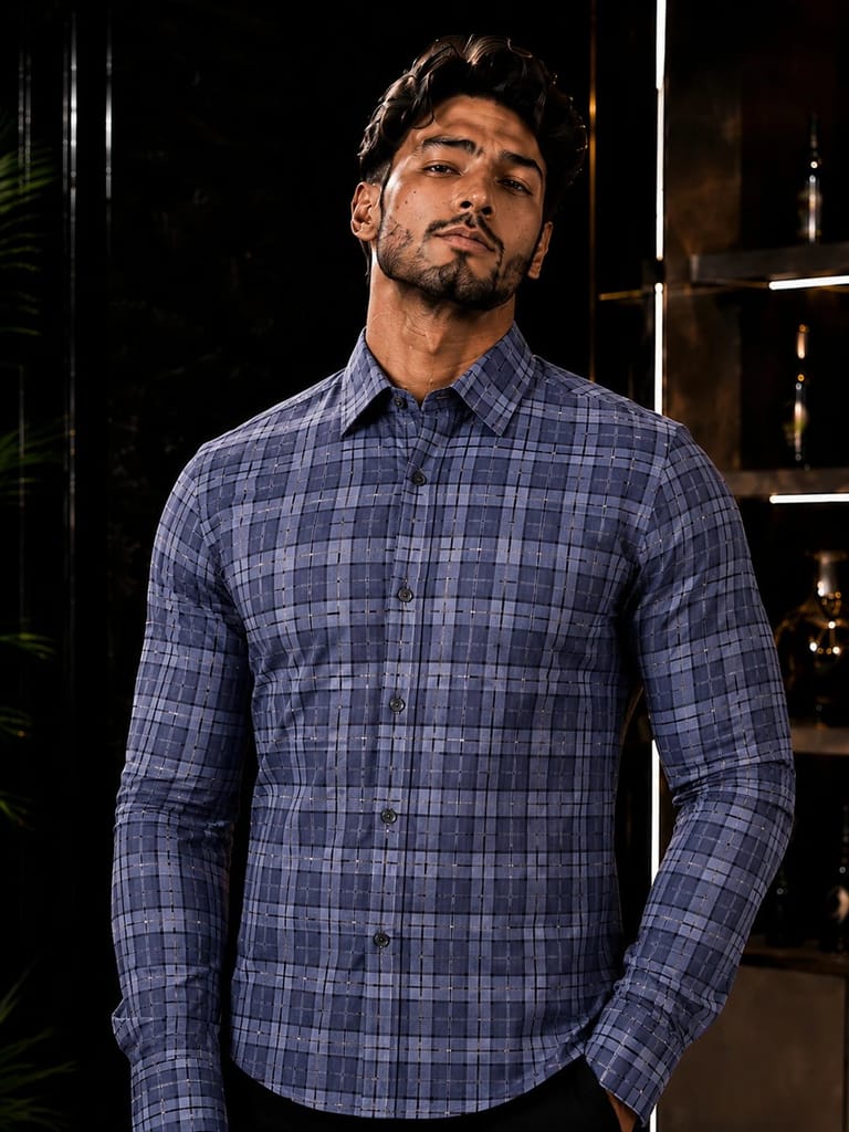 Enrich Fashion Factory Men's Blue & Beige Checkered Casual Shirt