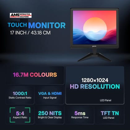 17" AMS Capacitive Touch Monitor, 1366 X 768, , 10 Multi Touch Points, TN Panel, WLED Backlight, Vesa Mountable