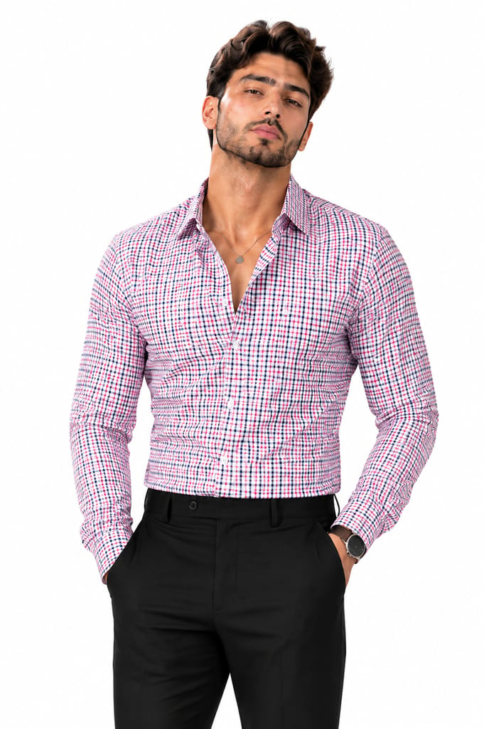 Enrich Fashion Factory Men's Pink & Navy Micro Check Casual Shirt