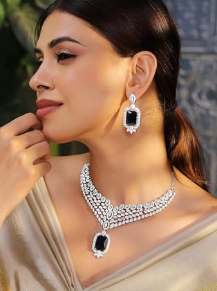 Rubans Necklace Set American Diamond Zirconia Studded Trendy Stylish Jewellery Gift for Women & Girls