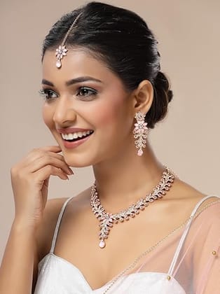 Sukkhi Charming AD Diamonds Studded Floral Choker Necklace with Danlge Earrings Maangtikka Jewellery Set for Women & Girls