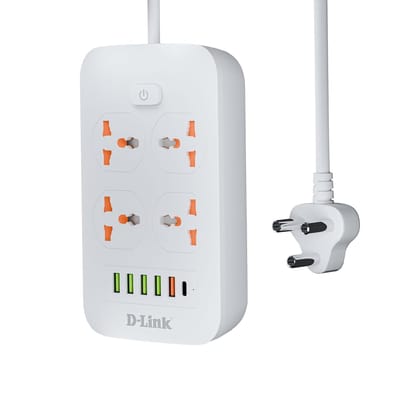 D-Link Power Strip (DPA-F451) with 4 Universal Sockets with Child Security + 5 USB Ports + 1 Type-C Port, High Temperature Fuse Protector, 1500W with 2 Meter Cable, 250 Volts, White