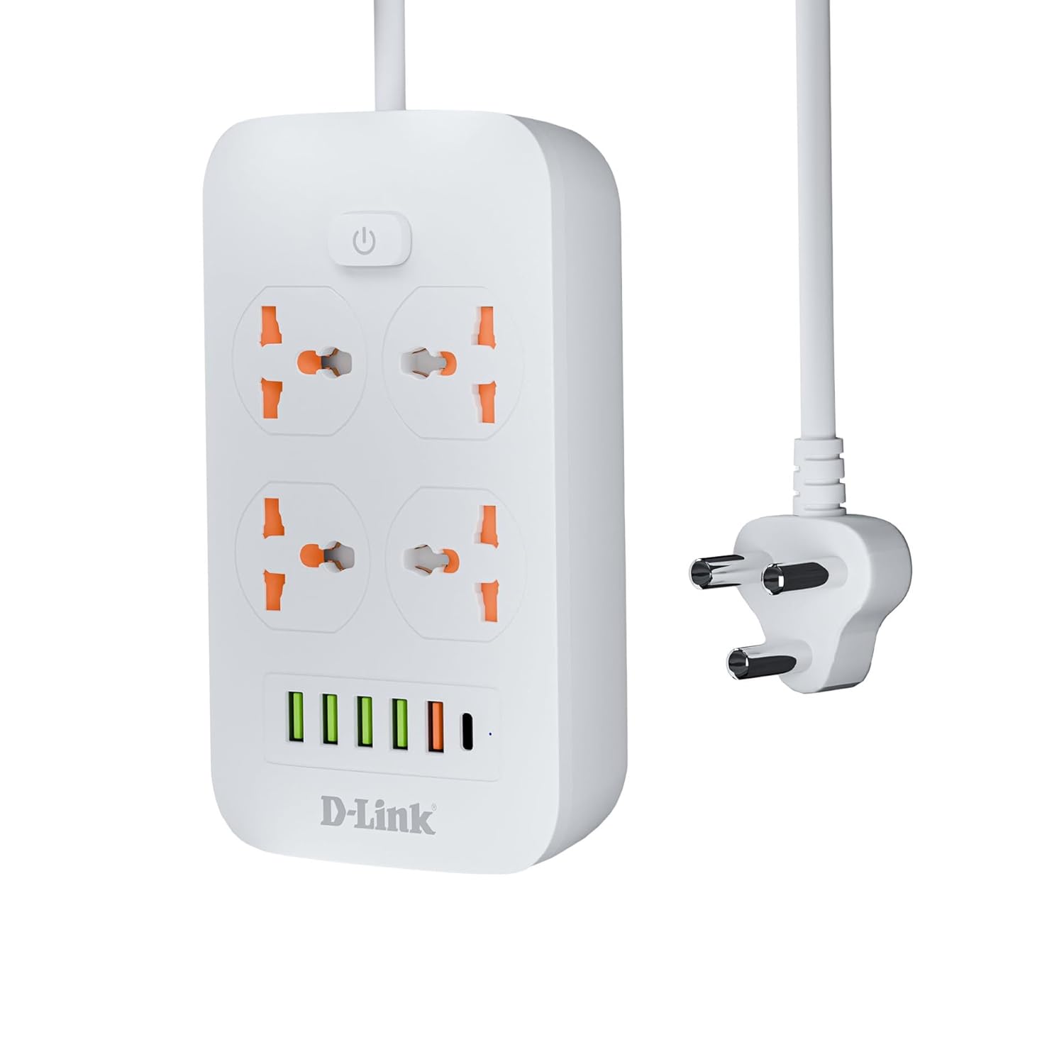 D-Link Power Strip (DPA-F451) with 4 Universal Sockets with Child Security + 5 USB Ports + 1 Type-C Port, High Temperature Fuse Protector, 1500W with 2 Meter Cable, 250 Volts, White