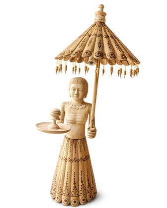 Handcrafted Wooden Lady Figurine with Umbrella Lamp Décor