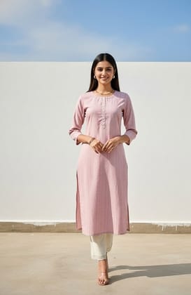 Women Pink Self Design Cotton Blend Kurta Women Pink Self Design Cotton Blend Kurta