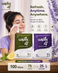 Wipes4u Individually Packed Face and Hand Wet Wipes Combo ( 75 Lemon  + 25 Lavender )
