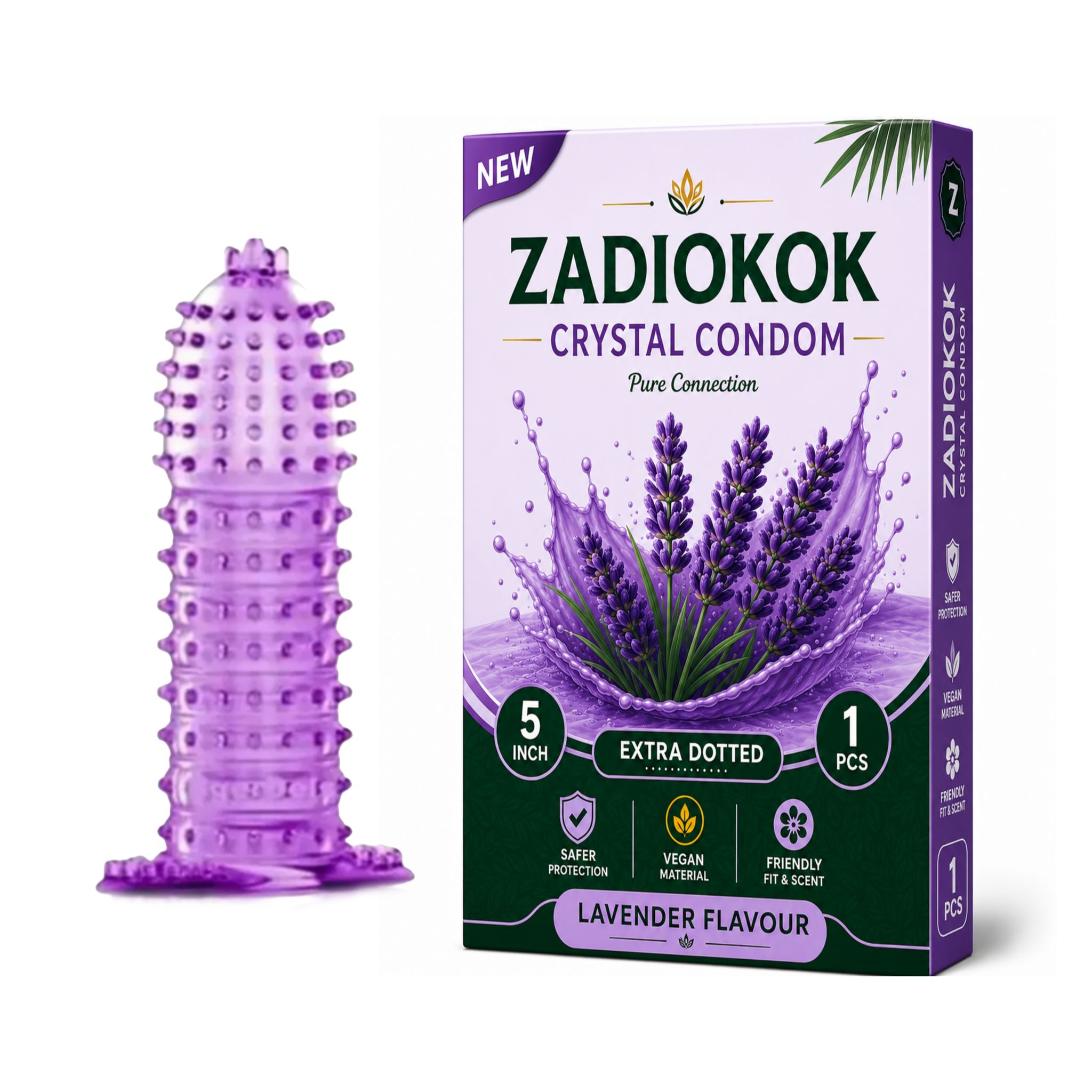 Zadiokok 5 Inch Crystal Dotted Condom Extra Dotted Lavender Flavour, Reusable & Comfortable Fit (1 Pcs Set)