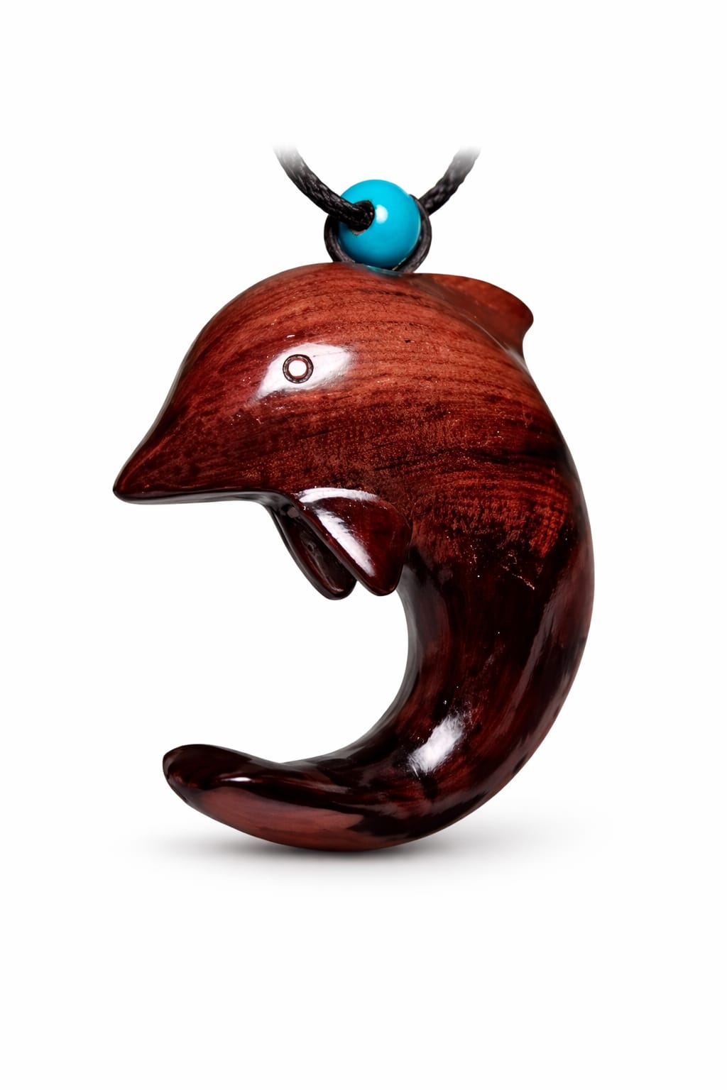 Hand-Carved Wooden Dolphin Pendant with Turquoise Bead