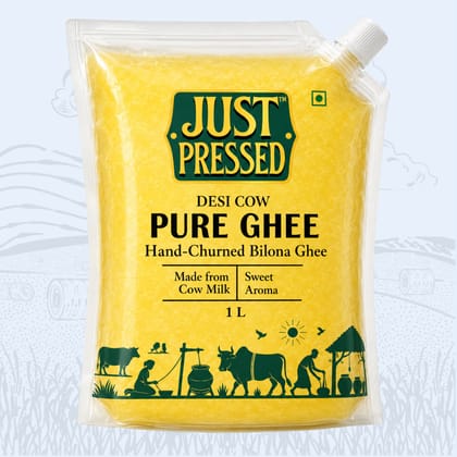 Just Pressed - Pure Cow Ghee - Bilona Chruned&nbsp;-&nbsp;1&nbsp;Ltr pouch