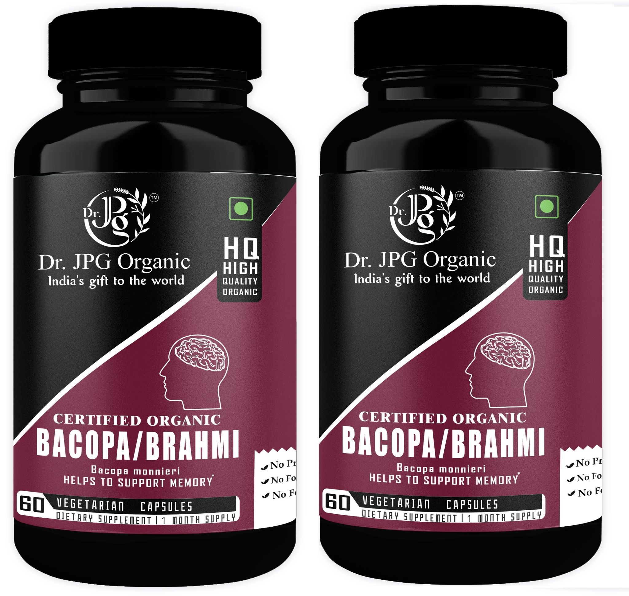 Dr. JPG Organic Herbals Brahmi Capsules For Memory Wellness/Bacopa Monniera / 500mg, 60 Veg. Capsules/INDIA ORGANIC Certified (Pack Of 2)