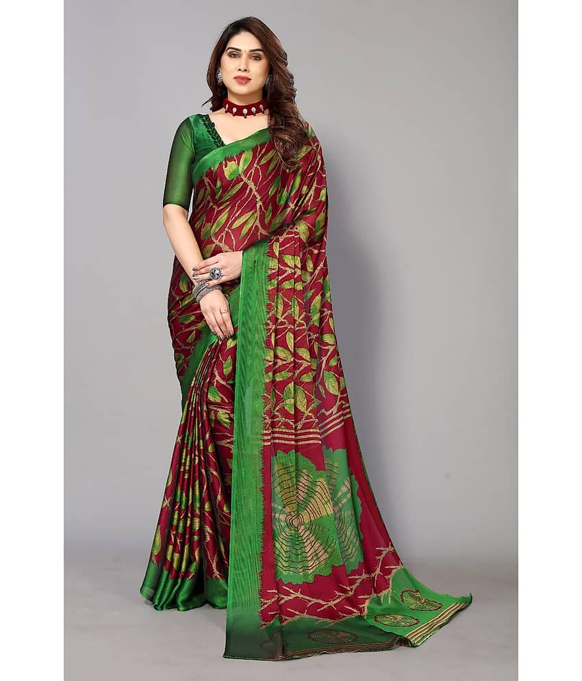 FABMORA Chiffon Printed Saree With Unstitched Blouse Piece ( Maroon )