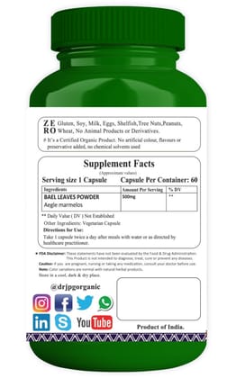 Dr. JPG Organic Herbals Bael/Bel Patra Leaves Capsules For Detoxification 60 Veg Capsules | Aegle Marmelos | INDIA ORGANIC Certified (Pack Of 2)