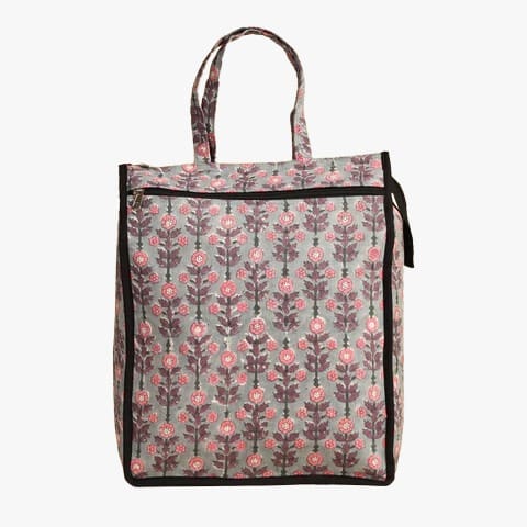 Floral Print Quilted Utility Tote Bag with Front Zip Pocket