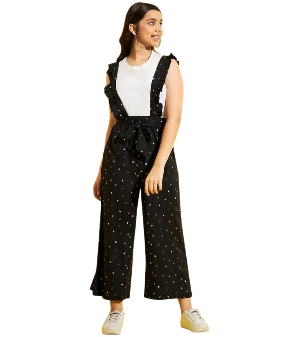 Girl's Cotton Printed Sleeveless Dungaree (Black-White, 11-12-Yrs)-PID66052