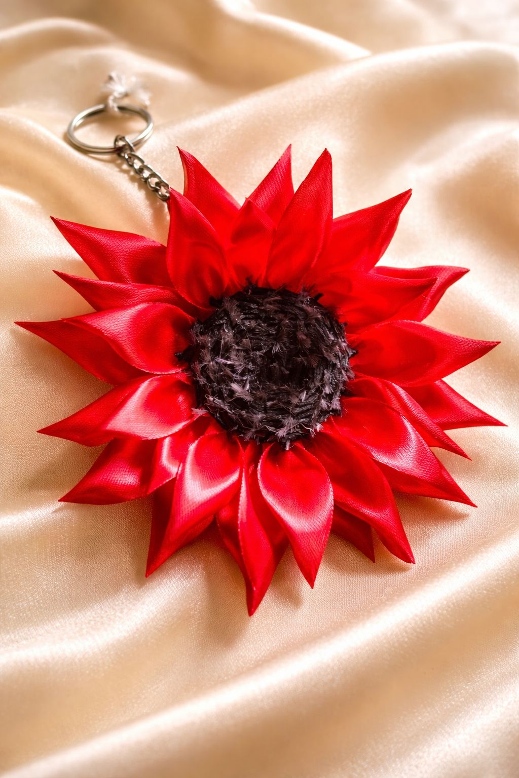 Handmade Red Sunflower Keychain | Satin Flower Key Ring | Floral Bag Charm | Decorative Handmade Accessory for Keys, Bags & Backpacks