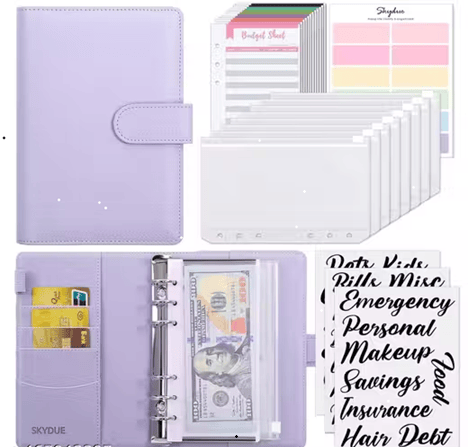 A6 PU Leather Budget Binder Refillable 6-Ring Notebook Planner with Magnetic Buckle for A6 Loose Leaf Filler Paper – Purple