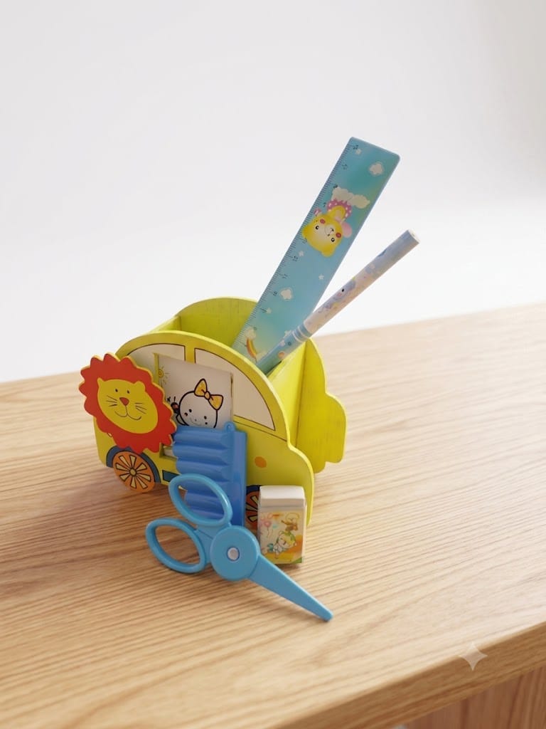 Kids Wooden Cartoon Pen Stand with Pencil, Scale, Scissors & Eraser | Complete Stationery Desk Organizer Kit