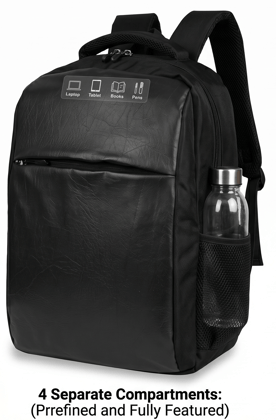 Premium 15.6-Inch Laptop Backpack for Men & Women | Sleek Faux Leather Front, 4 Spacious Compartments, External Water Bottle Pocket | Ergonomic "Jalidar" Breathable Mesh Back Panel for Airflow – Perfect for Office, College & Travel (Black)