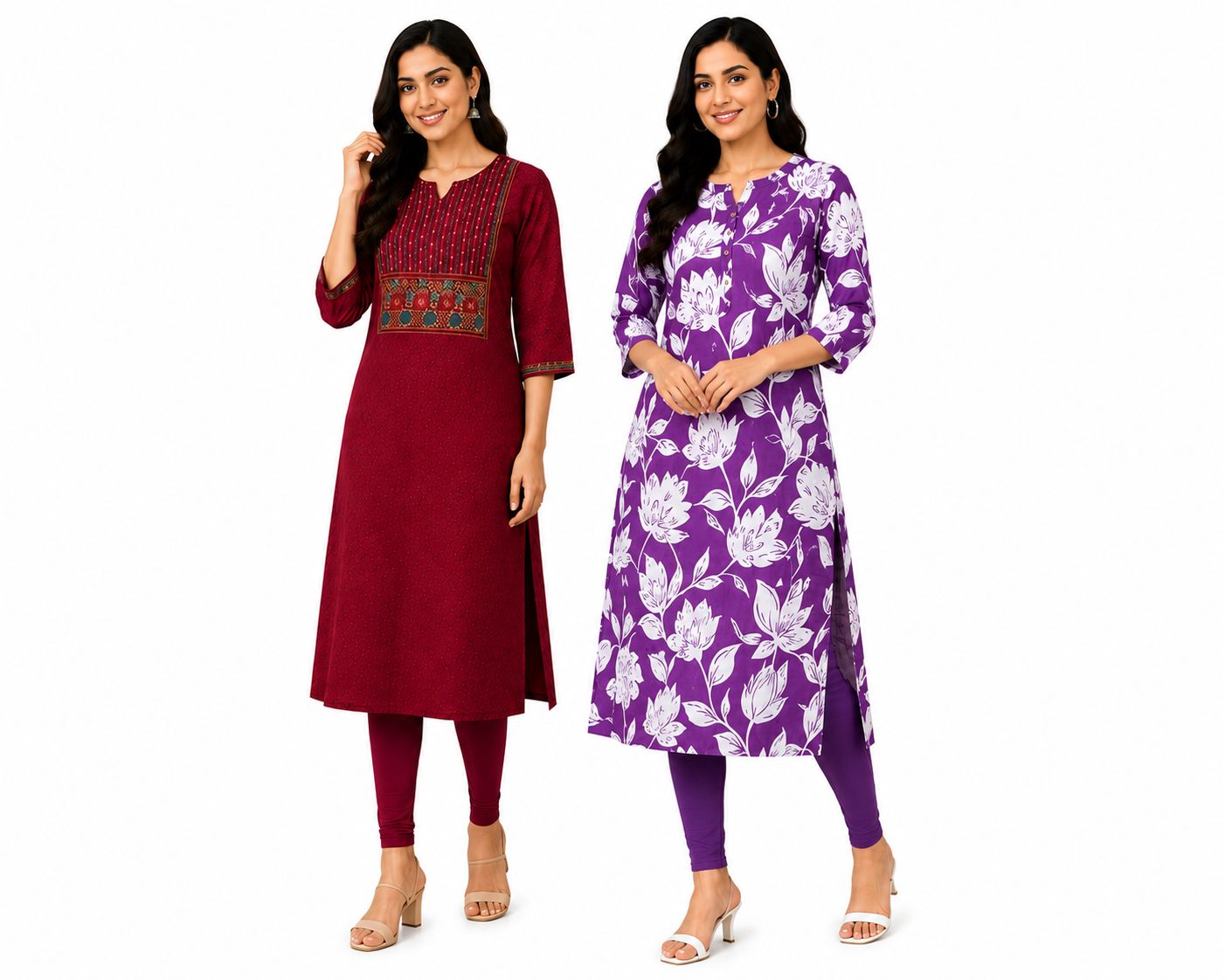 Women's Ethnic Cotton Blend Kurti Combo Pack of 2 – Floral Print & Embroidery