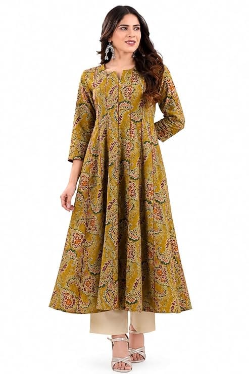 Mustard Yellow Paisley Print A-Line Kurti Tunic with Elbow Sleeves