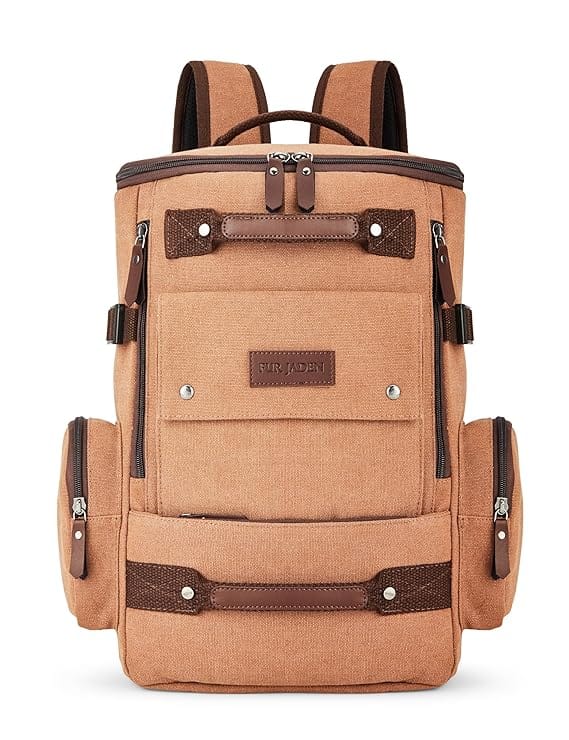 FUR JADEN Eco Friendly Travel Laptop Backpack Made of Water Resistant Sustainable Canvas and Vegan Leather for Men and Women (Brown)