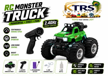 KTRS Enterprise 4x4 Off-Road RC Monster Truck for Kids | 2.4GHz Remote Control Car with Smoke Spray, LED Lights, Music, Rechargeable Battery | 1:18 Scale High-Speed Toy Car (Multicolor)