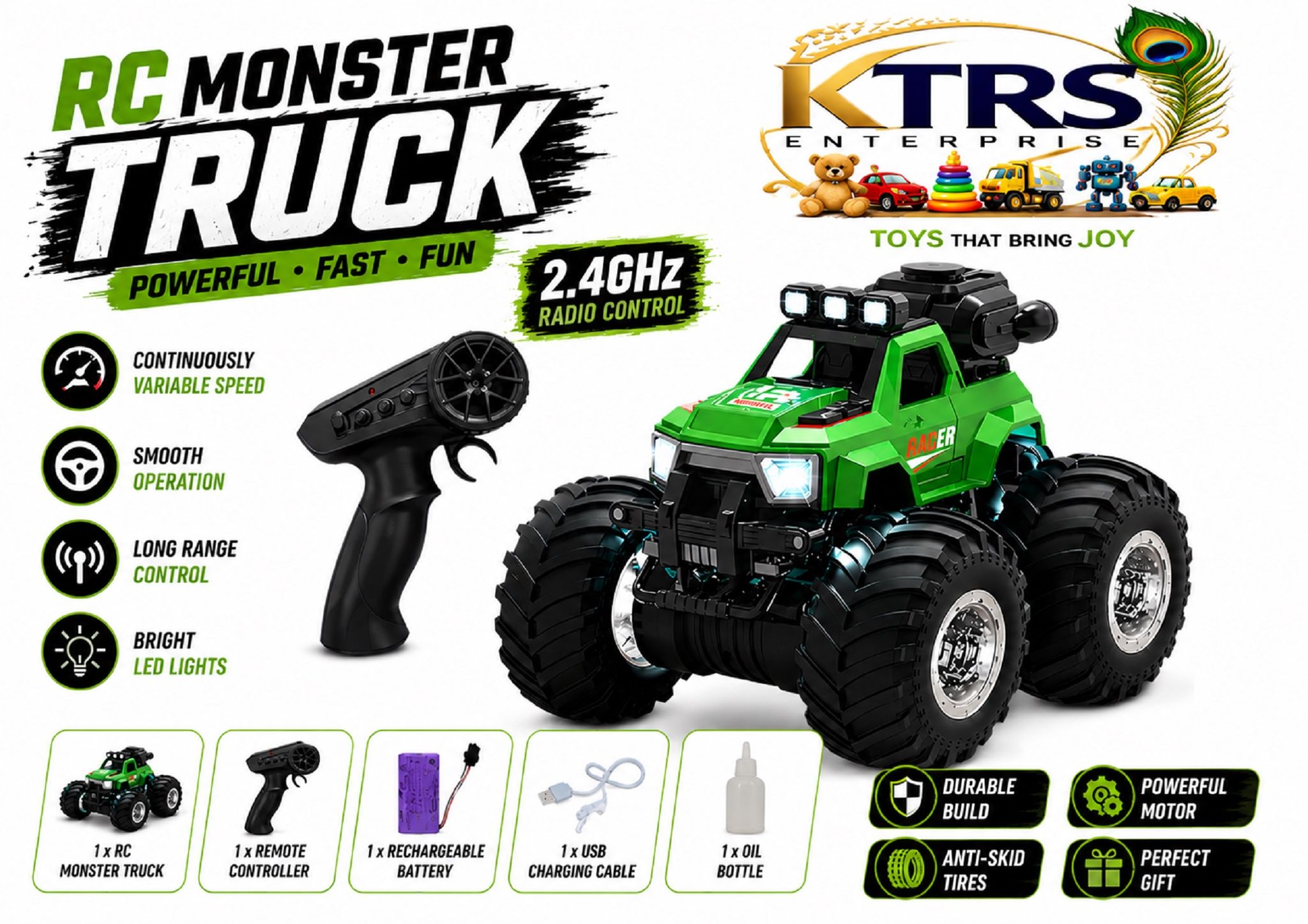 KTRS Enterprise 4x4 Off-Road RC Monster Truck for Kids | 2.4GHz Remote Control Car with Smoke Spray, LED Lights, Music, Rechargeable Battery | 1:18 Scale High-Speed Toy Car (Multicolor)