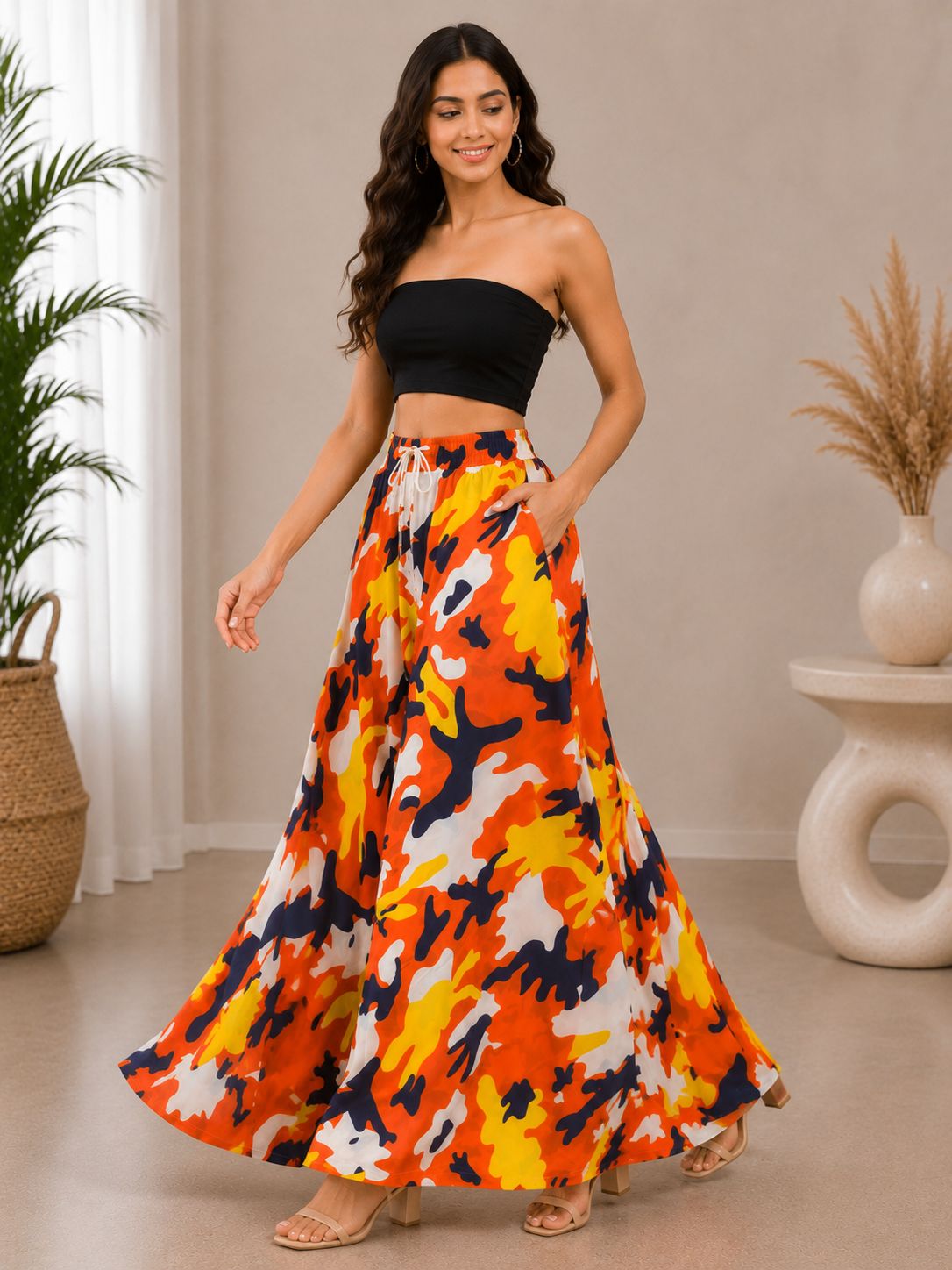 Uner Premium Printed Smocked Wide-Leg Palazzo(Free Size Fits 28 to 42 Waist) 