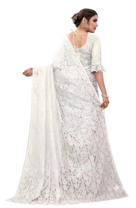 Women's White Floral Lace Saree with Matching Blouse Piece | Premium Designer Net Lace Party Wear Saree | Elegant Ethnic Wear