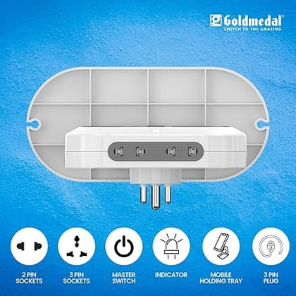 Goldmedal Wall-E-3 Pin Plug Travel Adaptor with Mobile Stand | Universal Sockets | Multiplug for Home & Office Appliances | Supports 2-Pin & 3-Pin Plugs (Pack of 1) - White