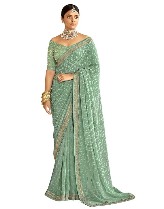 SIRIL Women's Bandhani Printed Embroidery Georgette Saree with Unstitched Blouse Piece