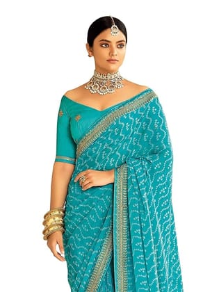 SIRIL Women's Bandhani Printed Embroidery Georgette Saree with Unstitched Blouse Piece (Sky Blue)