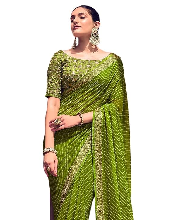 SIRIL Women's Georgette Bandhani Printed Saree with Unstitched Blouse Piece (Olive Green)