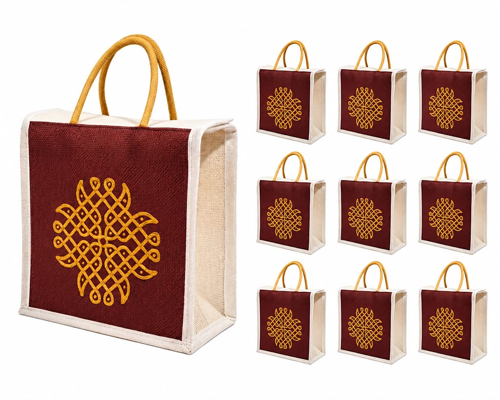 SS Eco-Life Jute Return Gift Bag (Pack of 10) | Traditional Kolam Print Thamboolam Bag for Wedding, Baby Shower, Housewarming & Pooja | 9 x 9 x 5 Inch - Party and Festive Needs | Buy online on ZillyBuy