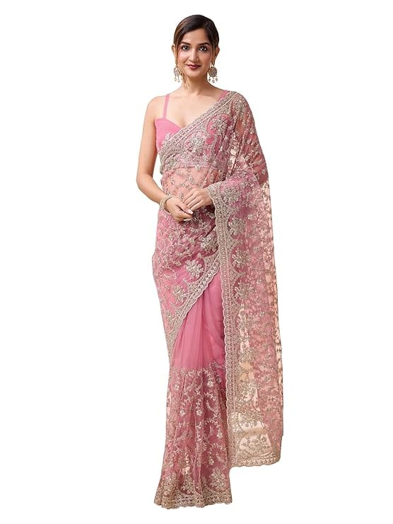TRENDMALLS Women's Light Pink Net Embroidery Work Saree with Unstitch Net Blouse Piece For Women (Pink)