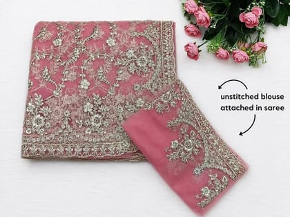 TRENDMALLS Women's Light Pink Net Embroidery Work Saree with Unstitch Net Blouse Piece For Women (Pink)