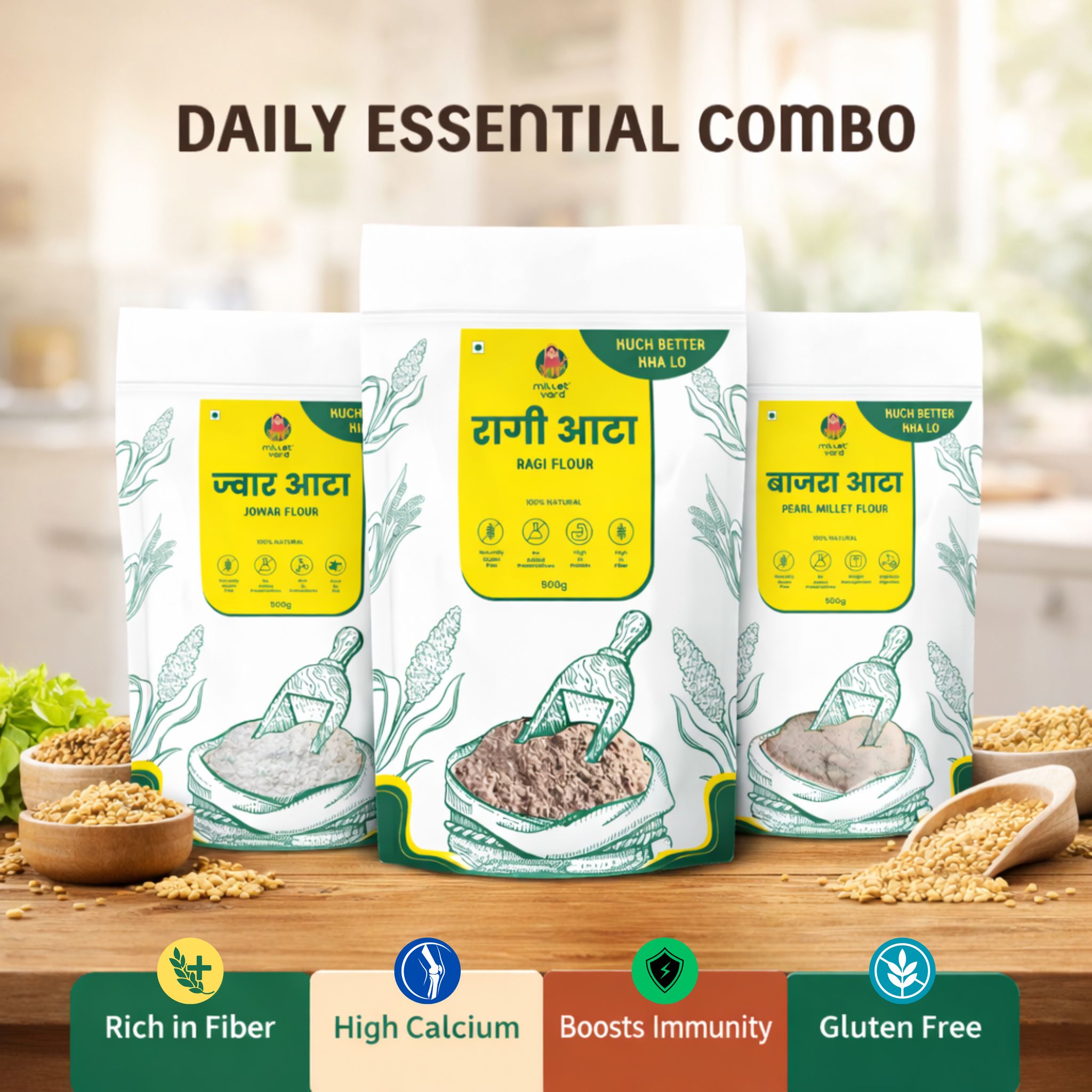 Daily Essential Combo – Jowar Atta, Ragi Atta & Bajra Aata (500g each)