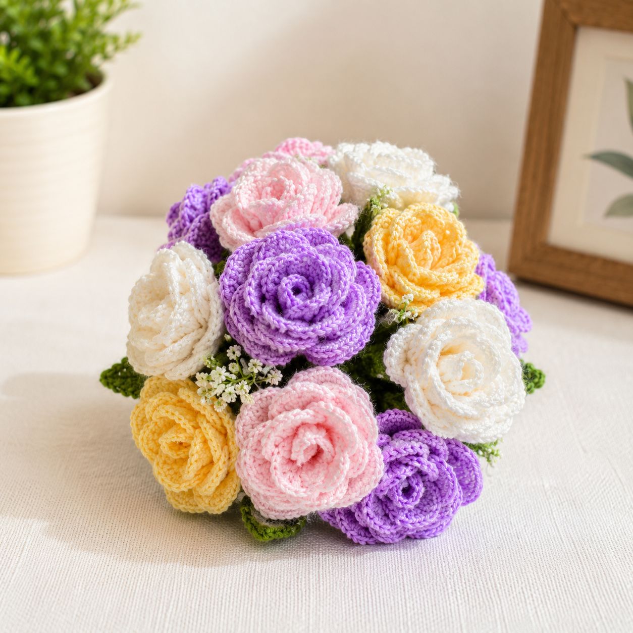 Handmade Crochet Rose Bouquet – Knitted Artificial Flower Bunch