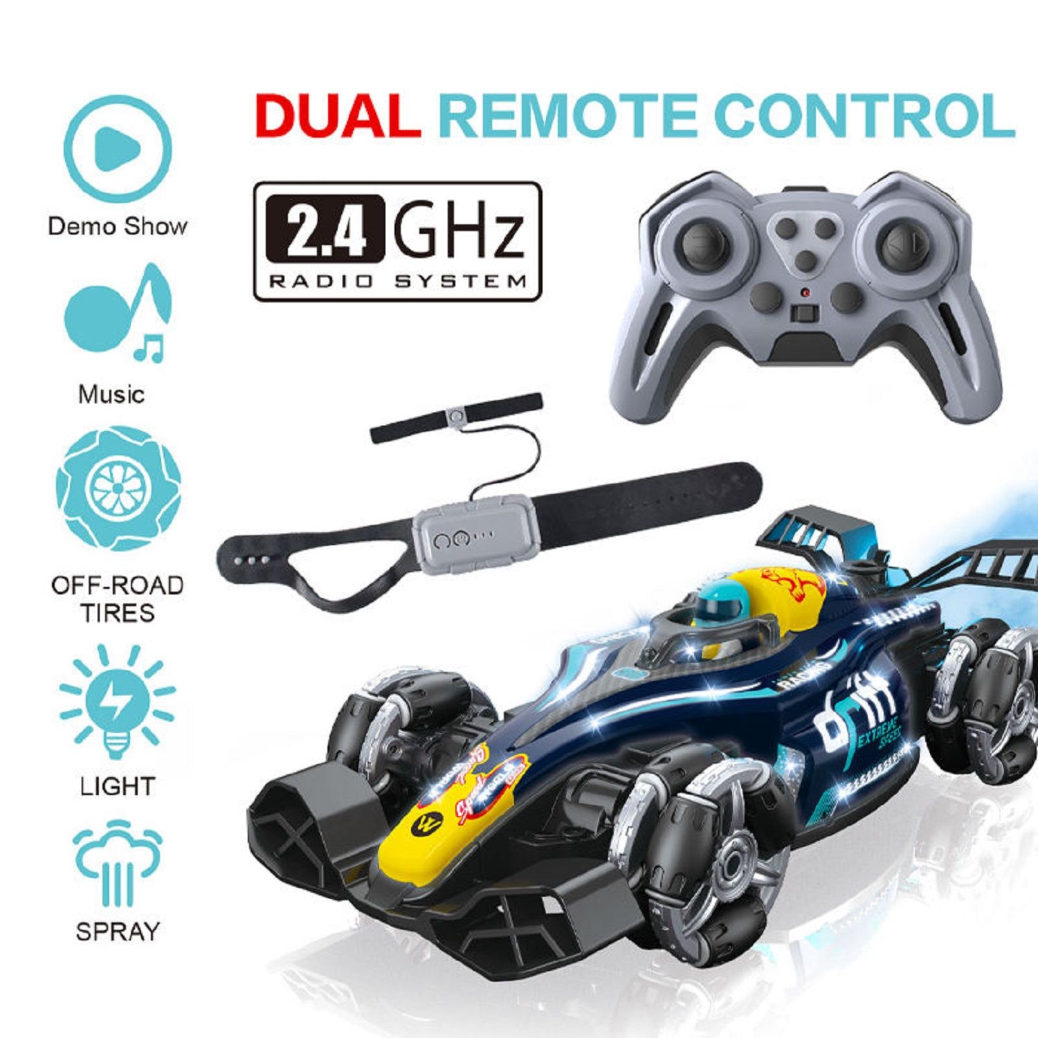 KTRS Enterprise 2.4GHz Dual Remote Control RC Stunt Racing Car with Gesture Watch, Spray Mist, LED Lights & Music | 360° Drift Off-Road Toy Car for Kids