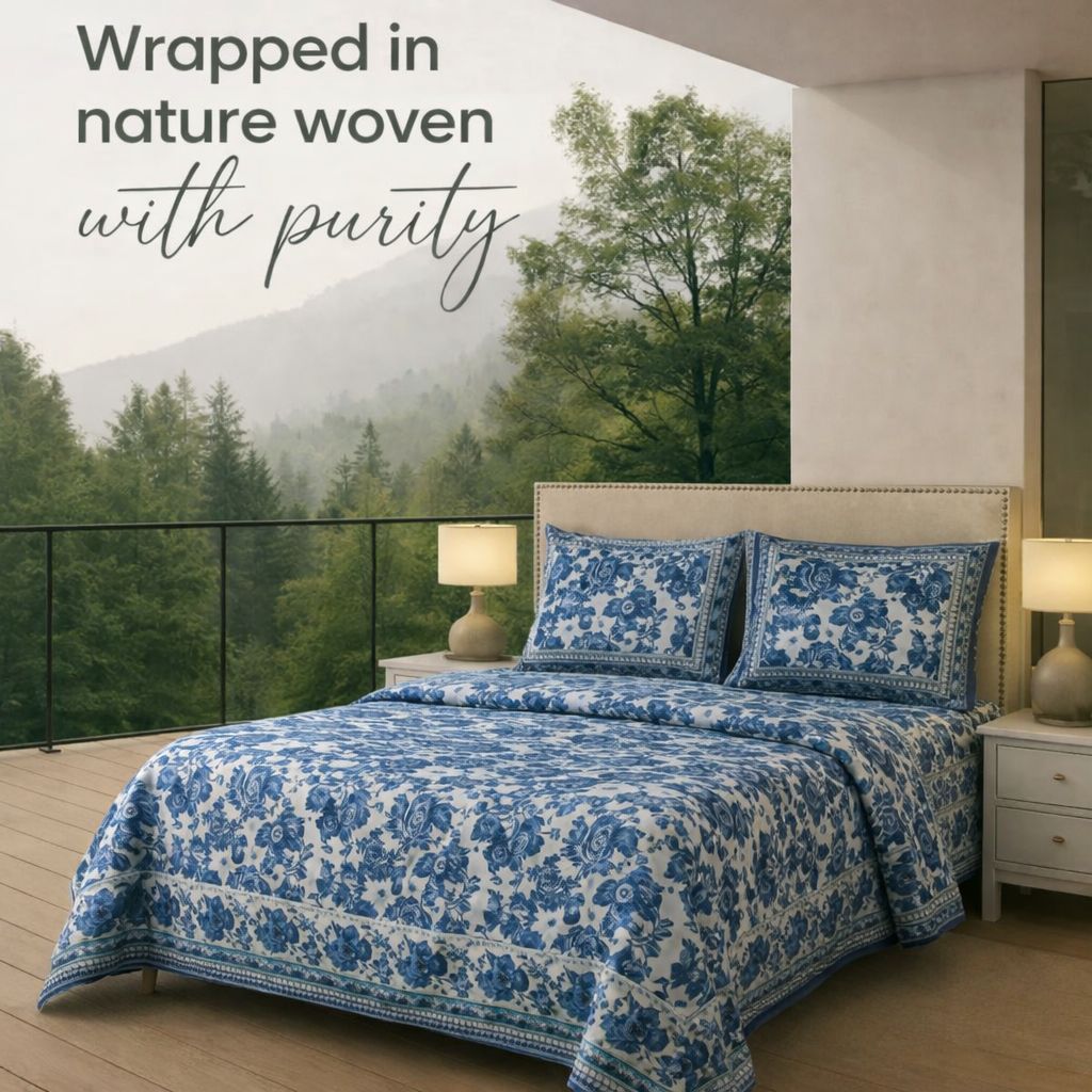 Floral Hand Block Printed, Double King Size Combed Cotton Bedsheet 100*108 Inches, 2 Pillow Covers, Luxury Bedsheet Set- Blue(Variations Available) (Blue)